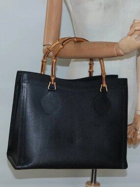 GUCCI Bamboo Hand Bag Leather Black Gold 002